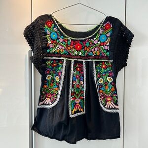 Embroidered Black Mexican-Inspired Peasant Top Medium